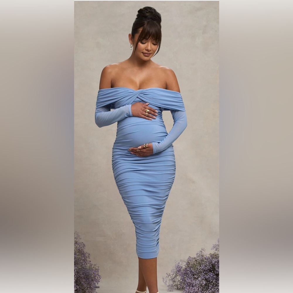 Club London Maternity Blue Ruched Long Sleeve Dress